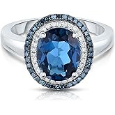 KOKAV 14K White Gold Genuine London Blue Topaz 3.5 Ct with Color Diamonds Ring