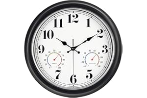 45MinST 13-Inch Vintage Outdoor Wall Clock with Thermometer and Hygrometer, Waterproof, Large Numbers, Silent, for Indoor and Outside Use,Porch,Garden,Pool(Black Frame with Silver Trim)