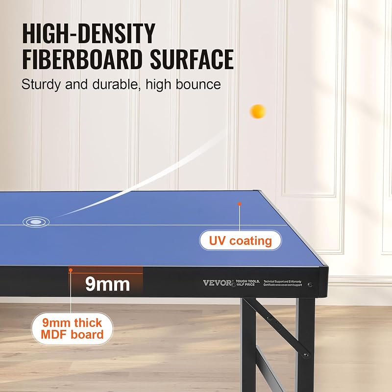 Tischtennistisch Ping-Pong-Tisch, mittelgroße tragbare Tischtennisplatte, Tischtennisplatte aus MDF zusammenklappbar komplettes Set mit Netz, 2 Schlägern, 3 Bällen, Tragetasche, Griff