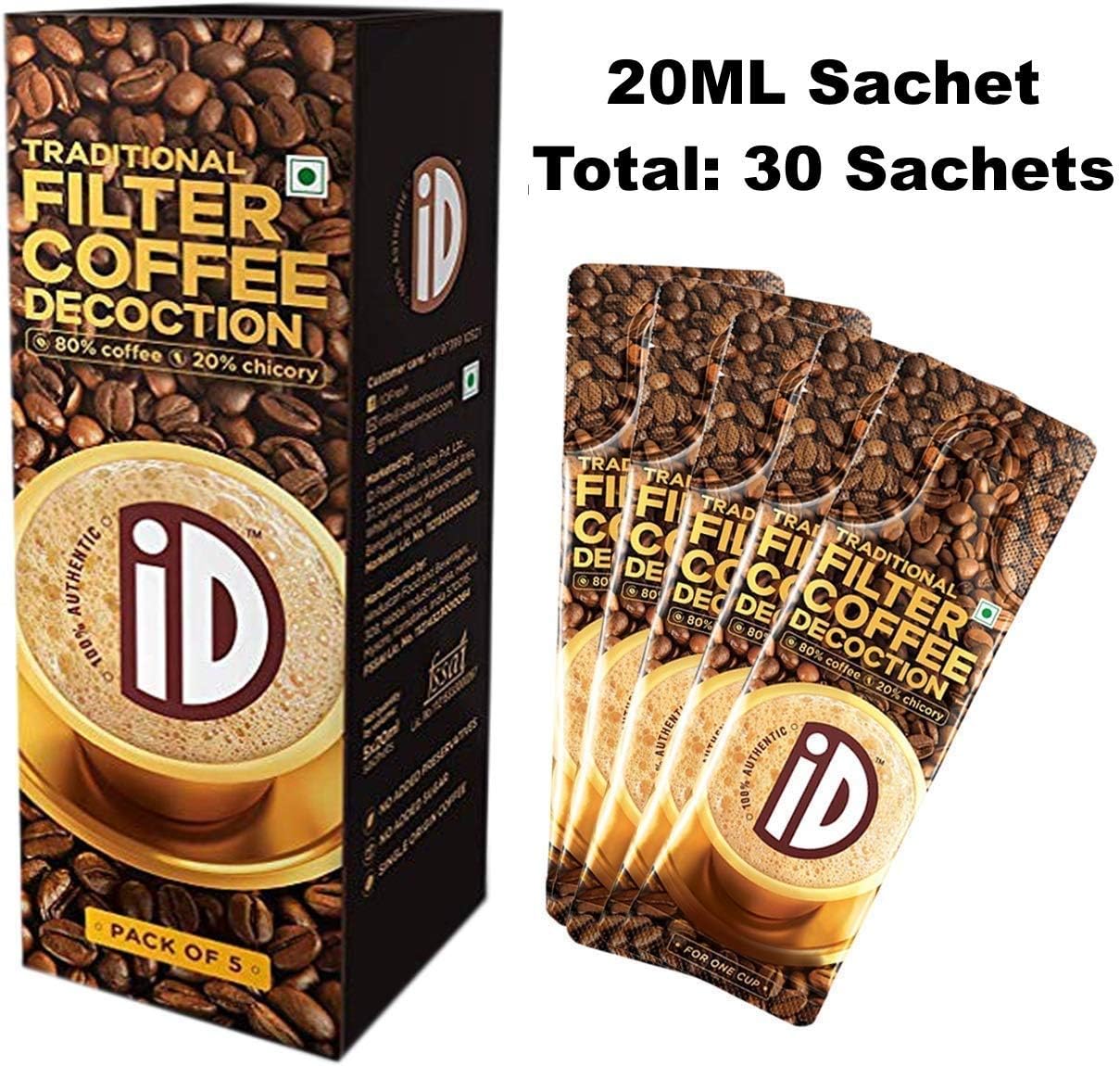 iD Filter Coffee Decoction – Brew Coffee – 80% Coffee blended with 20% Chicory – One Serving per Sachet – (20ml x 5 Sachets) X 6 Packets - Total 30 sachets