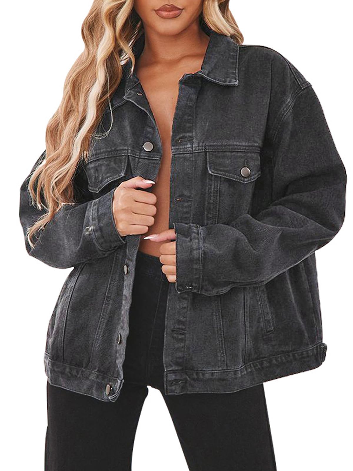 Photo 1 of CHBAZH Denim Jacket for Women Long Sleeve Jean Jackets with Pockets(Grey,L)