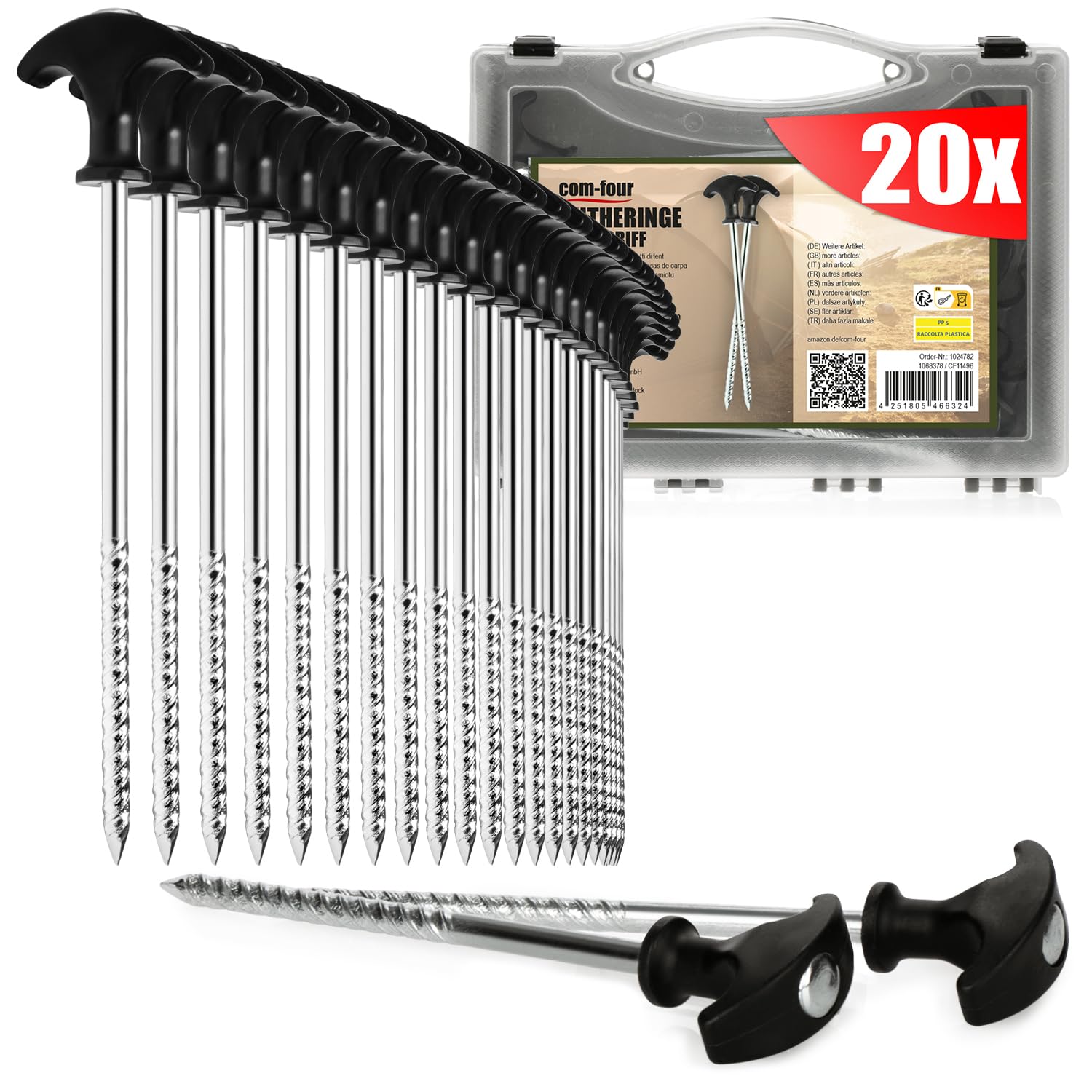 COM-FOUR® 20x tent pegs made of steel - robust ground pegs with thread in transport box, for camping and outdoors - ideal for normal and hard ground, with T-handle