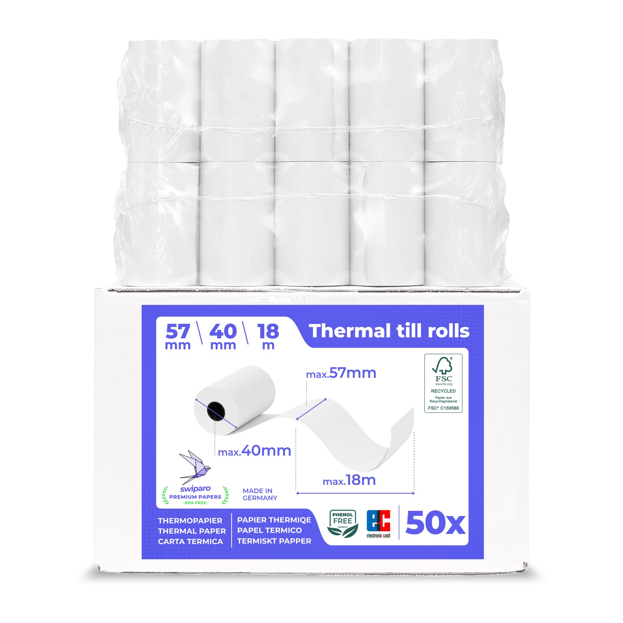 SWIPARO - Ec-Cash Thermal Rolls 57 mm x 18 m x 12 mm - Till Rolls - Thermal Paper - Receipt Rolls for ATM - Credit Card Readers with SEPA Direct Debit Text (Pack of 50)
