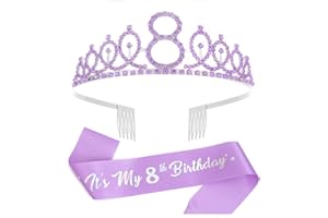 Dimetey 8th Birthday Crown & Birthday Sash Set,8th Birthday Gifts for Girl 8th Birthday Decorations Girl