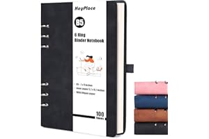 HEYPLACE 6-Ring Refillable Notebook Black, 7 x 9 Inch Professional Notebook Faux Leather Notebook 100 Sheets 80gsm for School Office Home