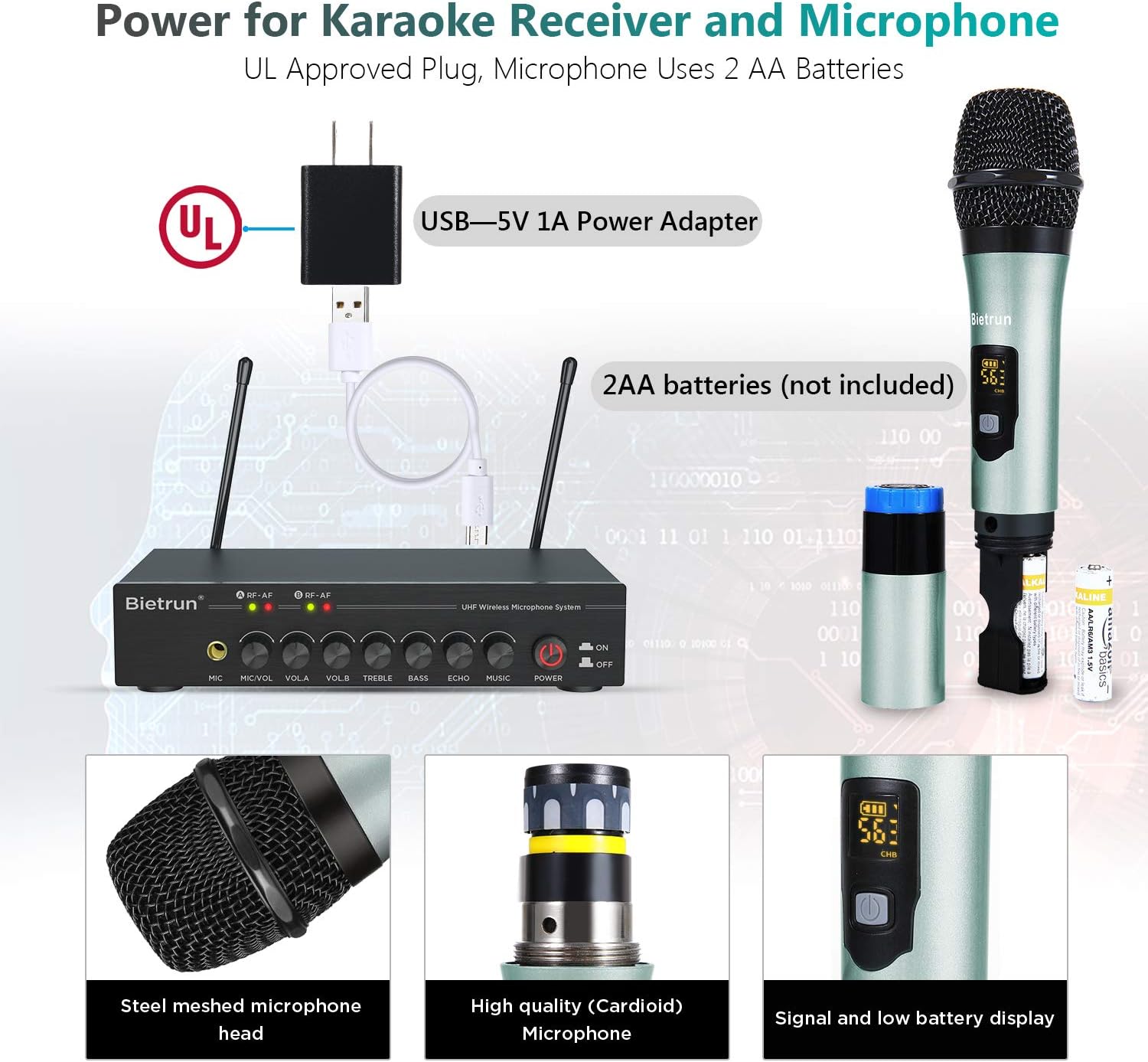 Wireless Microphone, with Echo Treble, Bass, 160ft Range, UHF Metal Dual Handheld Wireless Dynamic Microphone System with Bluetooth, RCA＆1/4’’Output, for Singing, Church, Karaoke, DJ, Wedding, Speaker: Home Audio & Theater