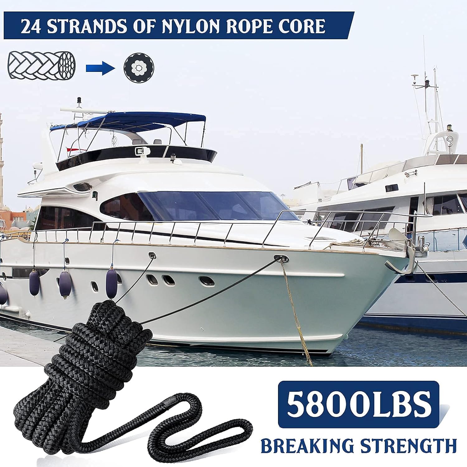 Dock Lines & Ropes Boat Accessories - 3/8" x 15' Double Braided Nylon Dock Lines with 12” Loop, Excellent 5800 lbs Breaking Strength Marine Rope for Kayak Pontoon Boats up to 30ft, Boating Gifts: Automotive