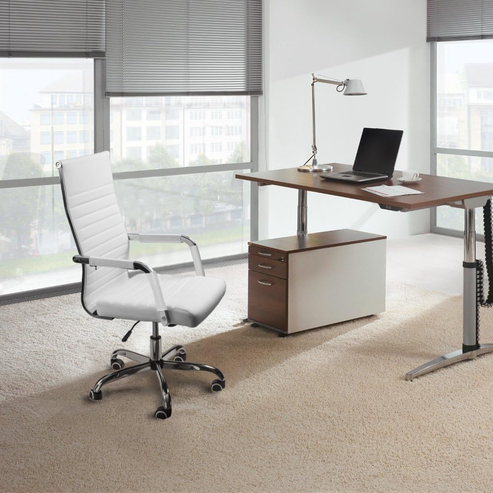 Furmax Ribbed Office Desk Chair Mid-Back PU Leather Executive Conference Task Chair Adjustable Swivel Chair with Arms (White): Home & Kitchen