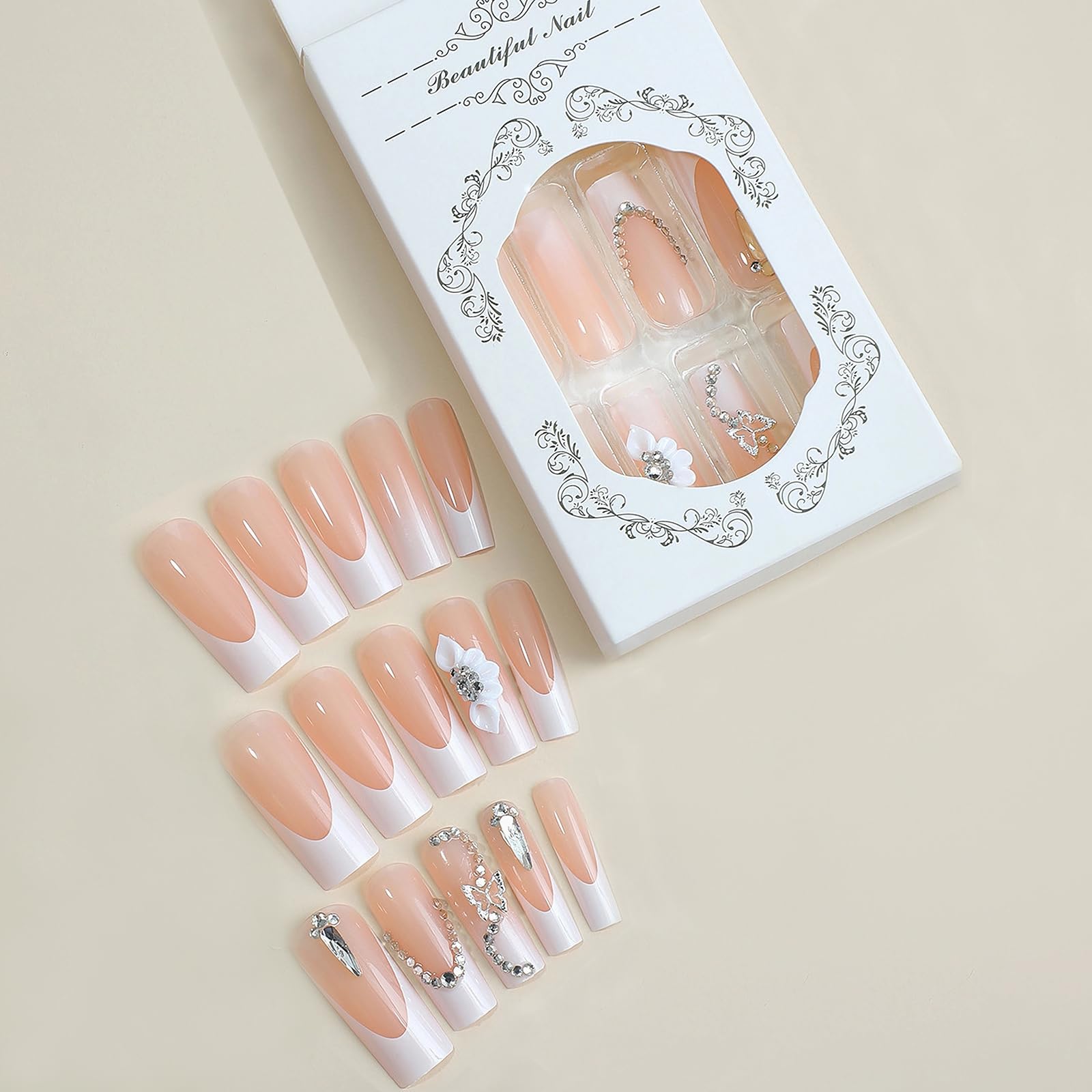 MISUD Long Square Press on Nails Squoval Fake Nails Glossy Glue on Nails White French Tip Acrylic Nails Wedding Artificial Nails Flower Buterfly Rhinestone Stick on False Nails with Design 24 pcs - Image 5