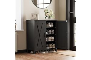 Homleke Farmhouse Shoe Cabinet with 2 Barn Doors & Wood Legs, 5-Tier Shoe Storage Cabinet with 3 Adjustable Shelves, Tall Shoe Rack Organizer for Closet, Shoe Organizer for Entryway, Hallway, Black