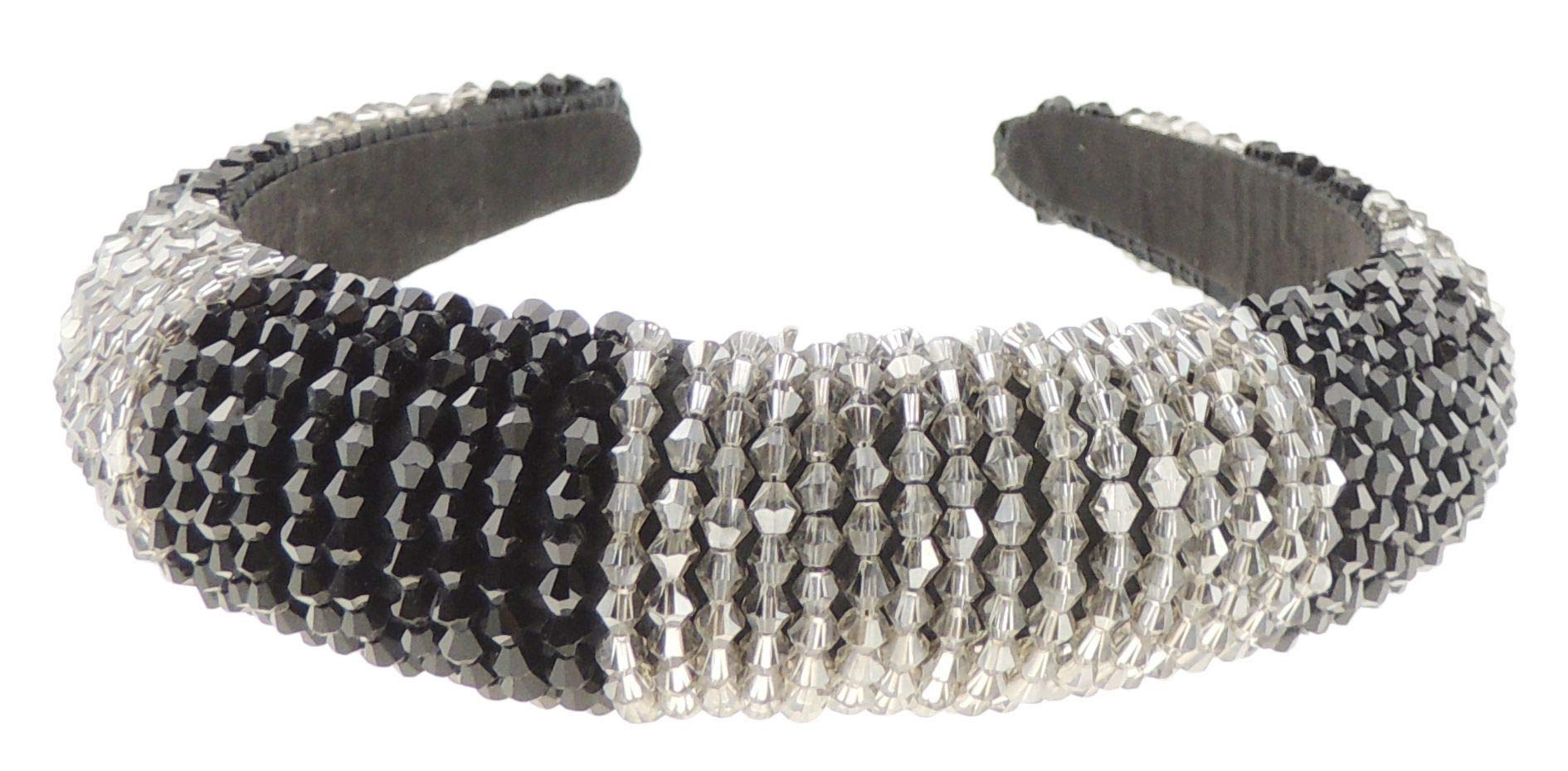 Womens Sparkly Beaded Rhinestone Embellished Jeweled Crystal Wide Bump Thick Padded Evening Formal Occasion Christmas Birthday Wedding Bridal Party Headband Hair Alice Band Hairband (Grey Black)