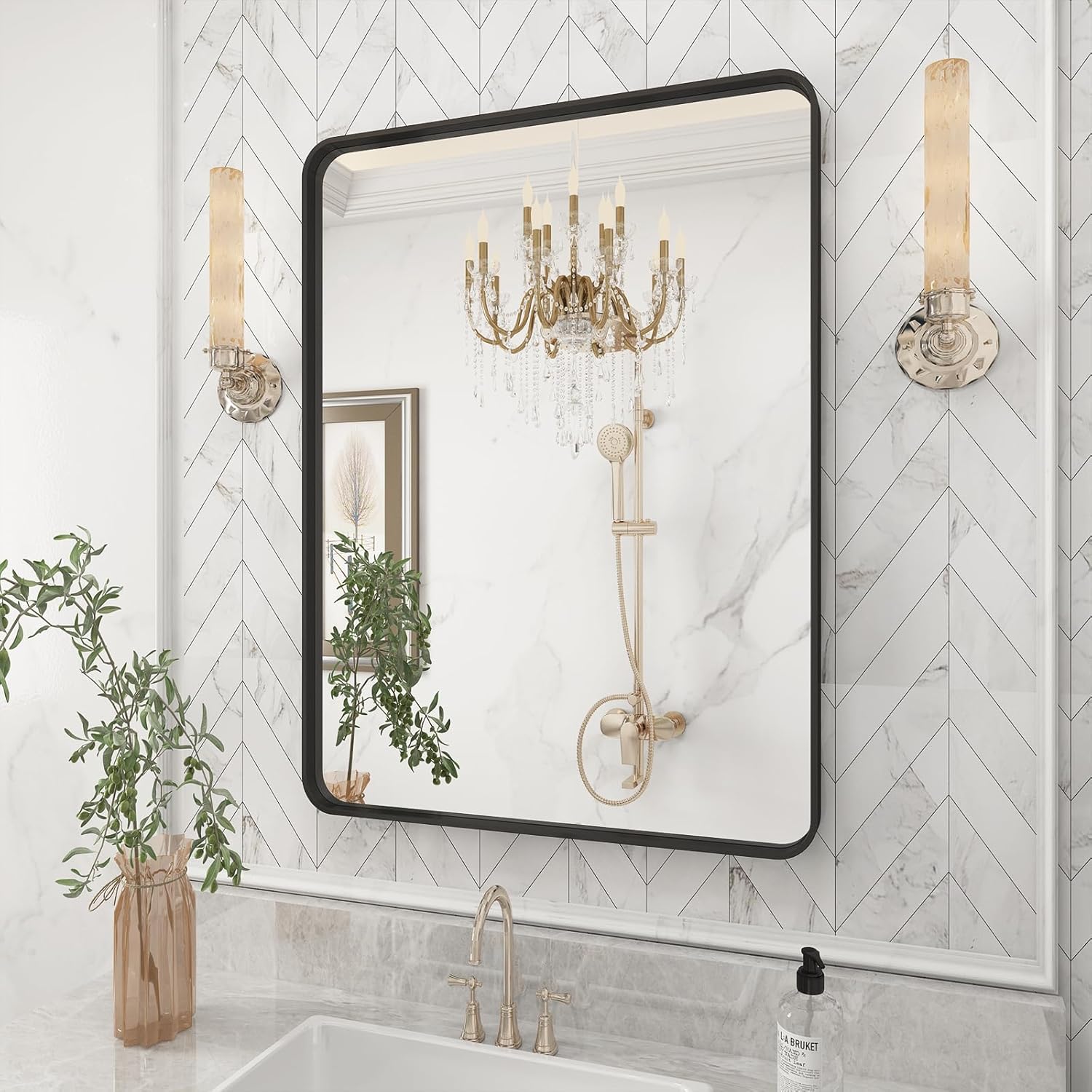 Mirrors - VANLIO Black Framed Bathroom Mirror, 24x32 Matte Black Bathroom Vanity Mirror, Black Rectangular Wall Mirror, Metal Frame, Anti-Rust, Shatterproof, Round Corners(Horizontally/Vertically)