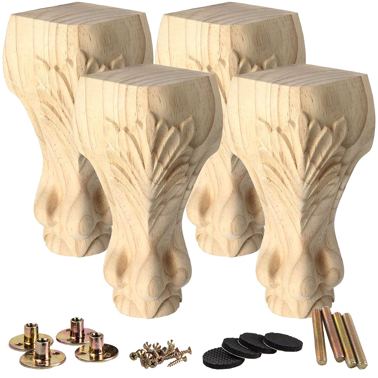 La Vane 6 inch / 15cm Wooden Furniture Legs, Set of 4 European Style Solid Wood Carving Unfinished Furniture Replacement Feet Decoration for Sofa Cabinet Wardrobe Table Loveseat