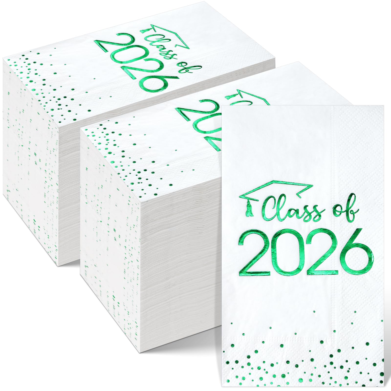 200pcs Class of 2026 Graduation Napkins, Disposable Congrats Grad Cocktail Napkins Foil Dot Paper Hand Towels for 2026 High School University College Graduation Party Decorations (White Green）