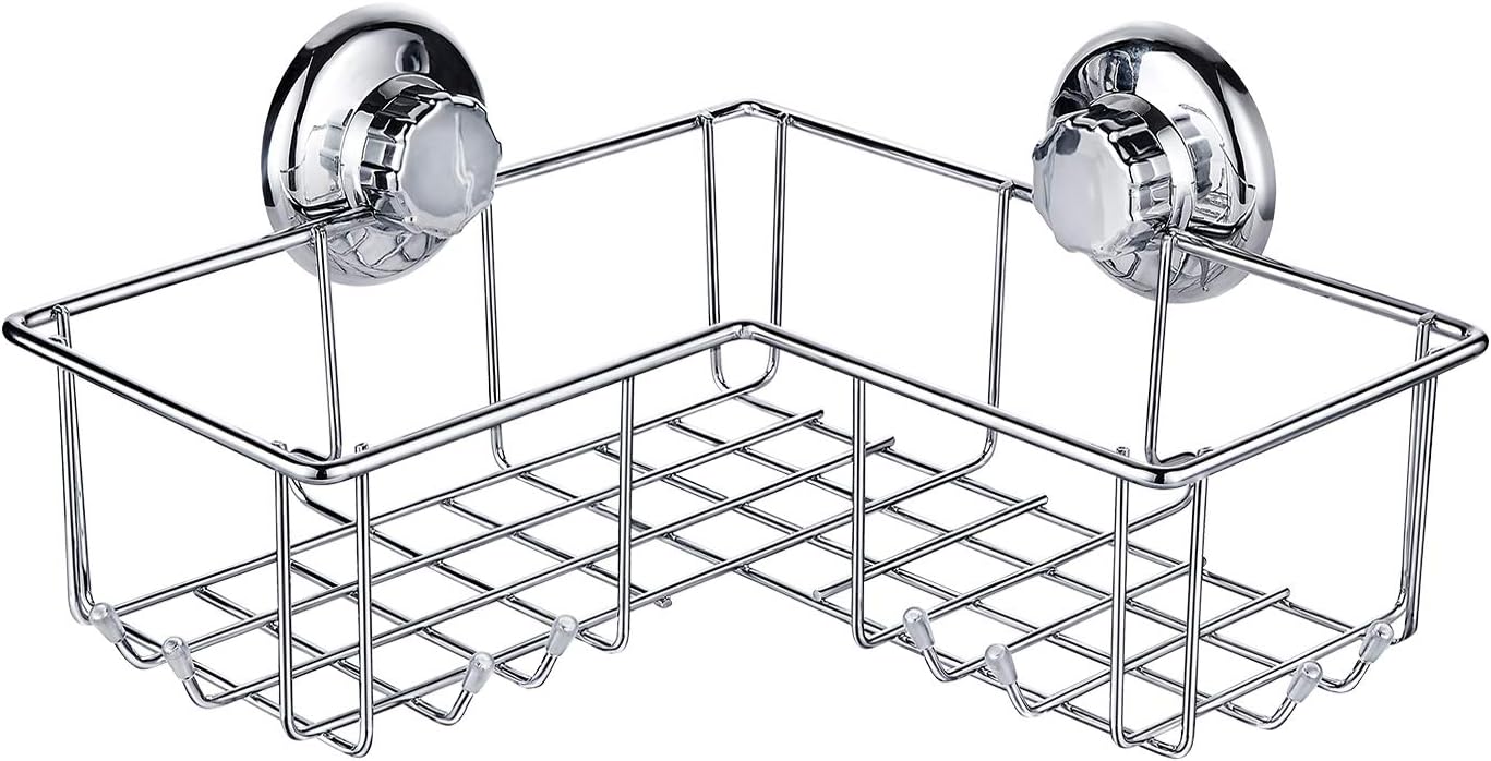 JS Shower Caddy Suction Stainless Steel Shower Corner Shelf with 8