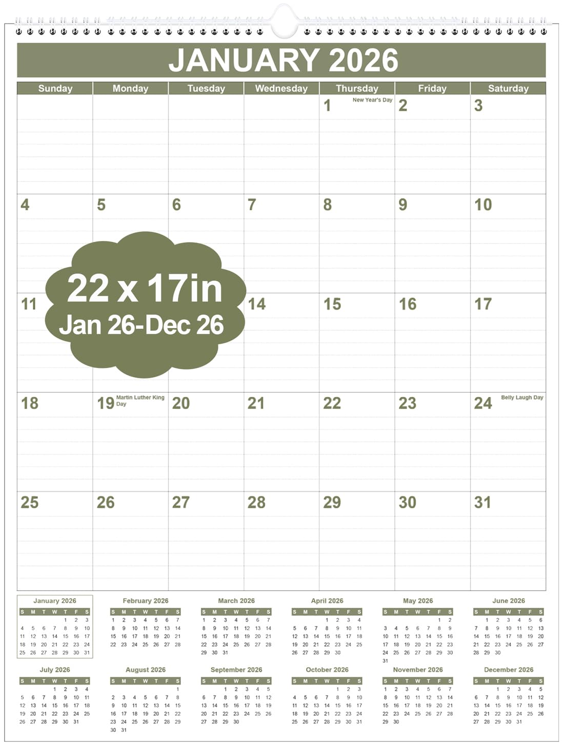 Photo 1 of Large Calendar 2026 with Spiral Bound - 12 Month Big Calendar from January 2026 to December 2026, Vertical Large Monthly Calendario 2026 for Wall, 22" x 17", Cyan