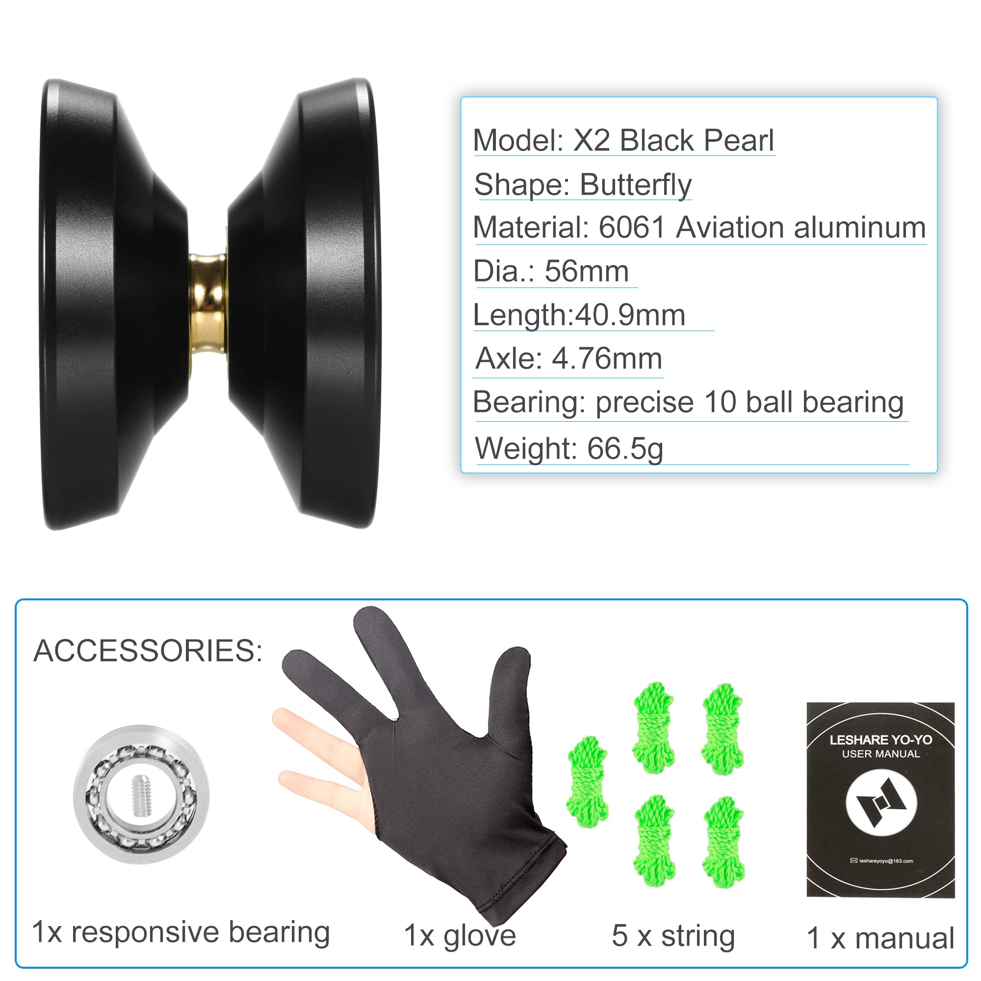 LESHARE Professional Unresponsive Yoyo for Pros and Responsive Yoyos for Kids Beginners - Replaceable Unresponsive Bearings, Gloves, and 5 Cords Included-Black