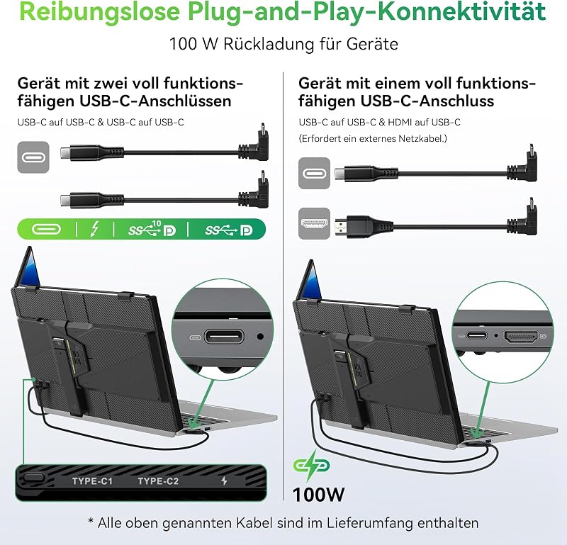 DCM5 Laptop Bildschirm Erweiterung 14", Niedriges Blaulicht 1080P FHD Laptop Monitor Erweiterung 13"-17,3", HDMI/USB-A/USB C Portable Monitor für Laptop/Smartphone/PC/Mac/PS5/Xbox