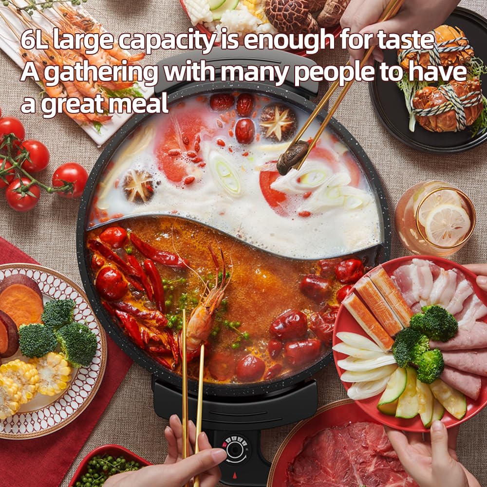 AORAN 6L Electric Hot Pot, Non-Stick Smokeless Cooking Pot with Divider for Hot Pot, Fondue, Shabu Shabu, Multi-Function, Includes Ladle, Tongs, Oil Brush, Food Tongs, Easy to Clean Black