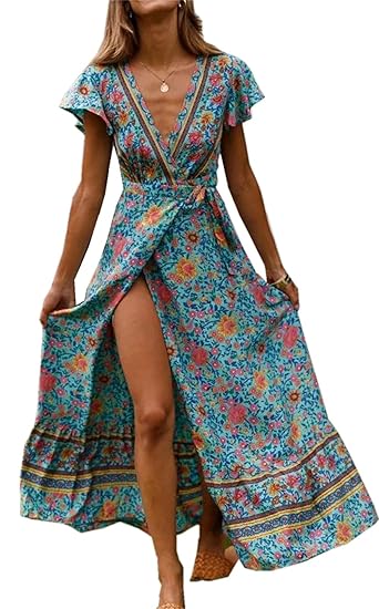 ZIYYOOHY Damen Elegant V-Ausschnitt Kurze Ärmel Strandkleid Boho Blumendruck Split Kleid Sommerkleid MaxiKleid Mit Gürtel …