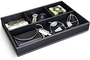 GORESE Faux Leather Valet Tray for Men, Stackable Jewelry Trays Drawer Organizer Tray Nightstand Organizer for Men, EDC Tray for Key, Wallet, Sunglass, Watch, Coin, Phone, Cologne - Black