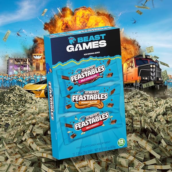 FEASTABLES BEAST GAMES CHOCOLATE BAR BOX, MILK CHOCOLATE, CRUNCH, & PEANUT BUTTER BARS, FULL SIZE CANDY BARS FOR ADULTS & KIDS, CANDY BARS FOR SNACKS & GIFTS, FAIRTRADE COCOA, 1.24 OZ EACH, 12 COUNT