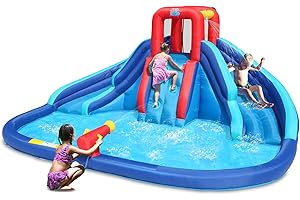 Action Air Water Slide, Inflatable Waterslide with Large Pool, Blue Bounce House with Double Slide and Climbing Wall