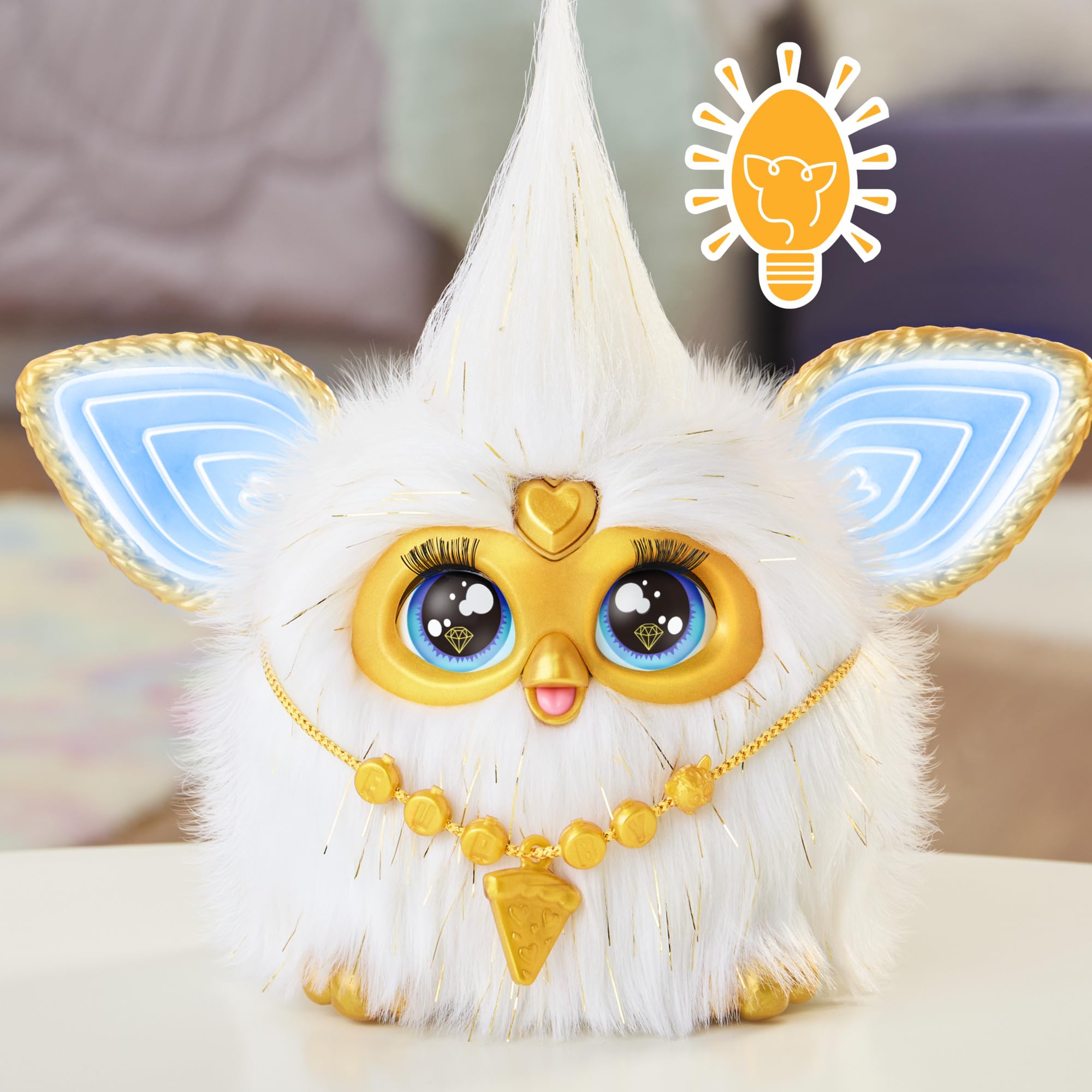Furby Gold Glam Interactive Plush Toys for 6 Year Old Girls & Boys & Up, Voice Activated Animatronic, Speaks English & Furbish, White, Christmas Stocking Stuffers (Amazon Exclusive)