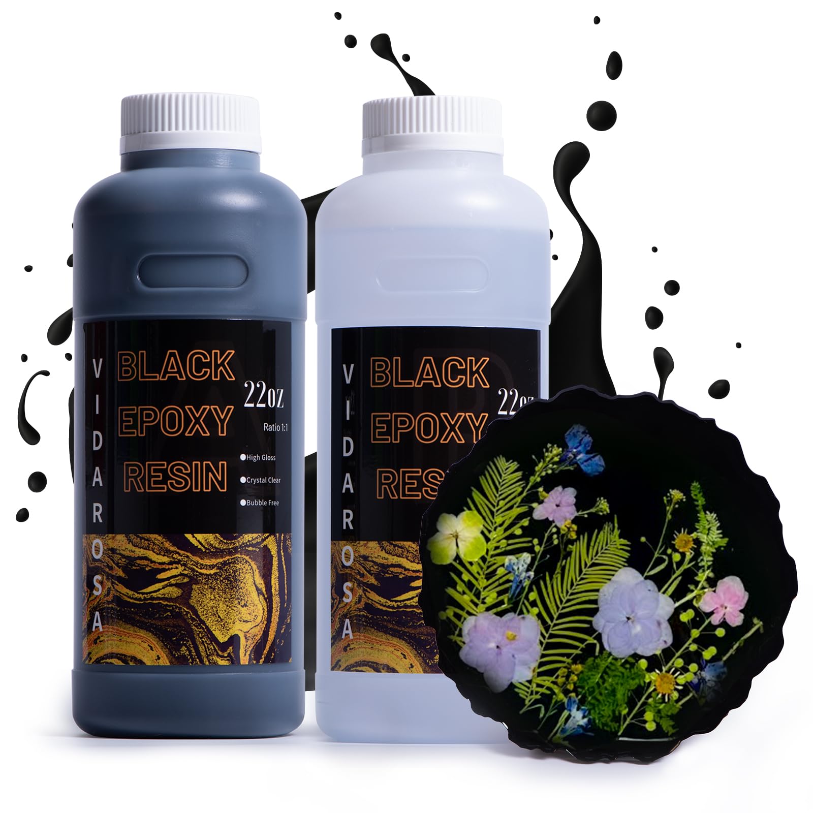 VIDA ROSA Black Epoxy Resin， 44OZ/1200ML High Gloss and UV Resistant Epoxy Resin Kit, Used for DIY Craft Gifts, Jewelry Making, Self Leveling Resin, Coaster and Curing Agent for Resin Molds