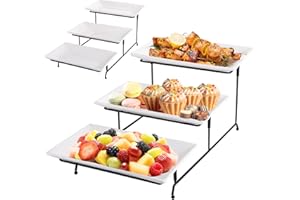 Lawei 3 Tier Serving Stand Porcelain Serving Platters, 12 Inch Rectangle White Plates with Collapsible Sturdier Rack, Three T