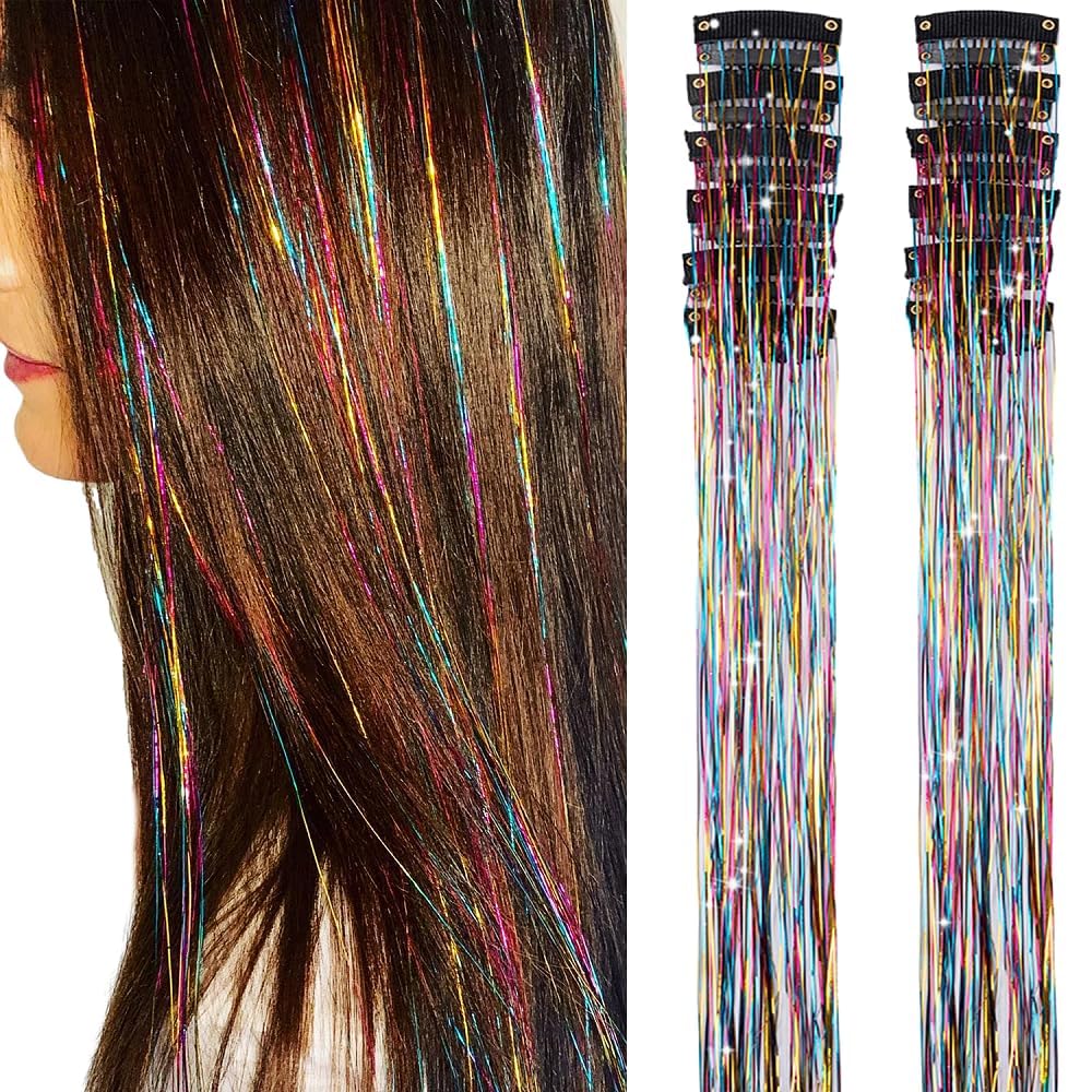 PORSMEER 12Pcs Clip in Hair Tinsel Kit,Colorful Glitter Heat Resistant Fairy Tinsel Extensions with Clips,Sparkling Shiny Hair Accessories 20 Inch for Women — image 1
