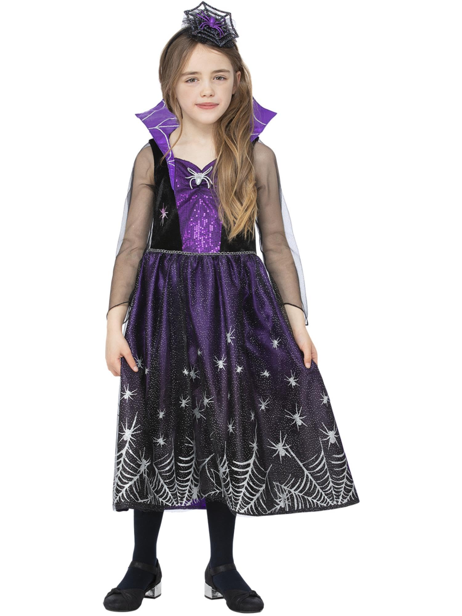 Smiffys Spiderella Costume Dress & Headband, Halloween Child Fancy Dress, Spider Dress Up Costumes