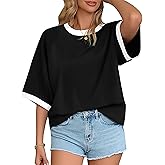 LilyCoco Womens Ringer Tee Short Sleeve Oversized Summer Cotton Shirts