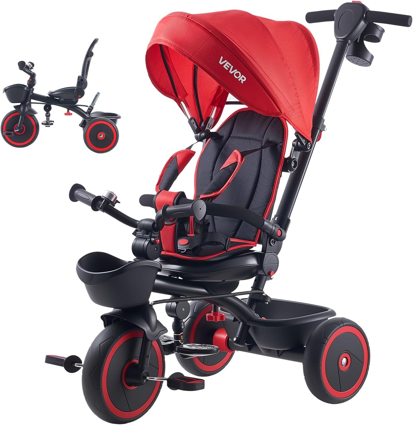 VEVOR Toddler Tricycle & Stroller for 1-5 Year Old, 6-in-1 Kids Trike with Parent Push Handle, Canopy, Adjustable Seat and Storage, Tricycle for Toddlers, Birthday Toy for Boys and Girls, Red/Black
