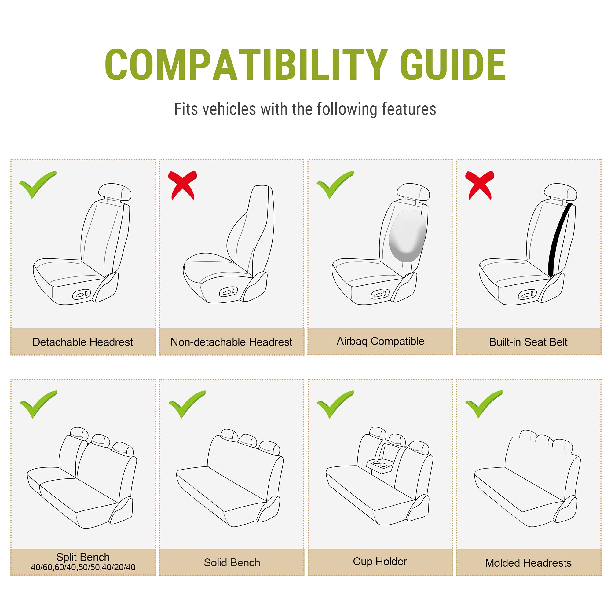 AOOG Leather Car Seat Covers, Leatherette Automotive Seat Covers for Cars SUV Pick-up Truck, Non-Slip Vehicle Car Seat Covers Universal Fit Set for Auto Interior Accessories, Full Set, Gray