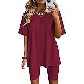 AGSEEM Two Piece Outfits For Women Summer V Neck T-Shirt Tops Biker Shorts Workout Sports Tracksuit