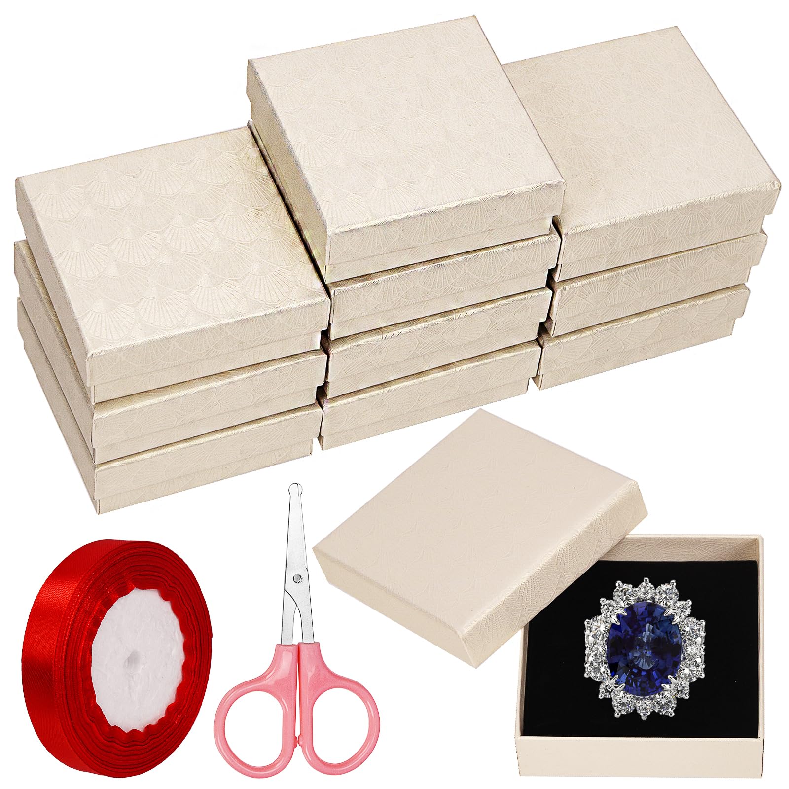 Swpeet 12Pcs Beige 3.5×3.5×1 Inch Cardboard Jewelry Gift Boxes with Scissors and Polyester Ribbon, Necklace Earring Bracelet Boxes Gift Case Ideal for Jewelry Storage Packaging Display