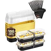 NEEBAKE 150 Pack 6.8 oz Disposable Mini Loaf Pans with Lids and Spoons - 6.5x2.5x1.2 Black Gold Aluminum Loaf Pans, Small Aluminum Tin Foil Baking Pan, Food Containers for Cakes, Bread, Loaves