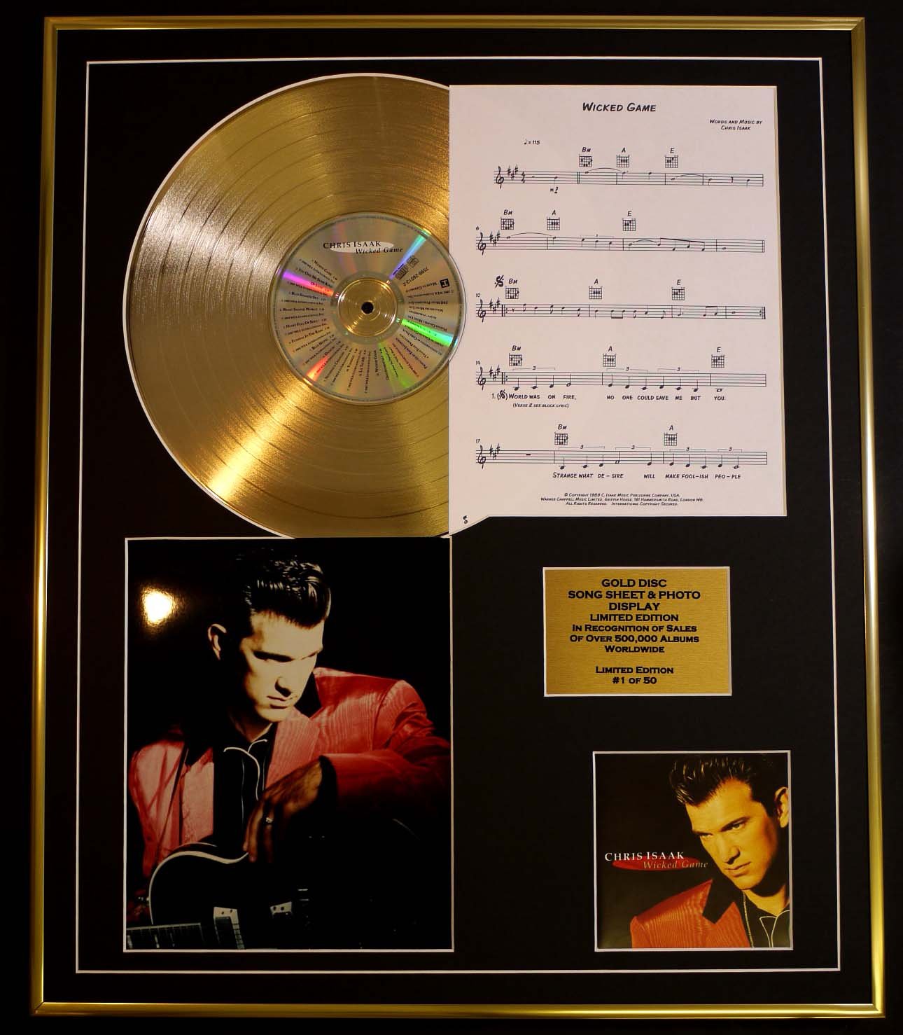 CHRIS ISAAK/CD GOLD DISC, SONG SHEET & PHOTO DISPLAY/LTD. EDITION/COA/ALBUM, WICKED GAME/SONG SHEET, WICKED GAME