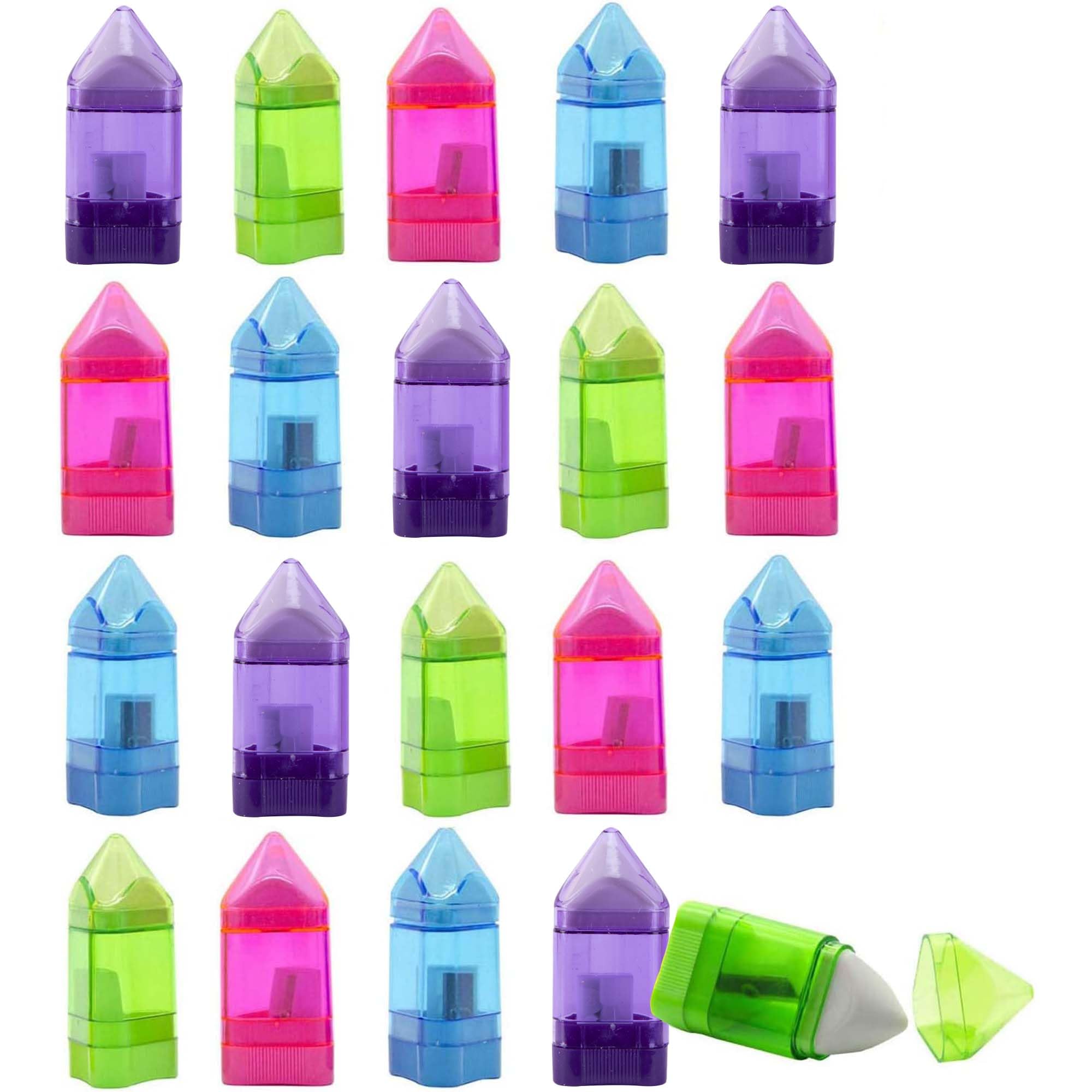 Purple Star 20 Packs Manual Pencil Sharpener with Eraser -Single Hole Triangular Shape Handheld Crayon Sharpener with Receptacle and Eraser for School, Office and Home Supplies