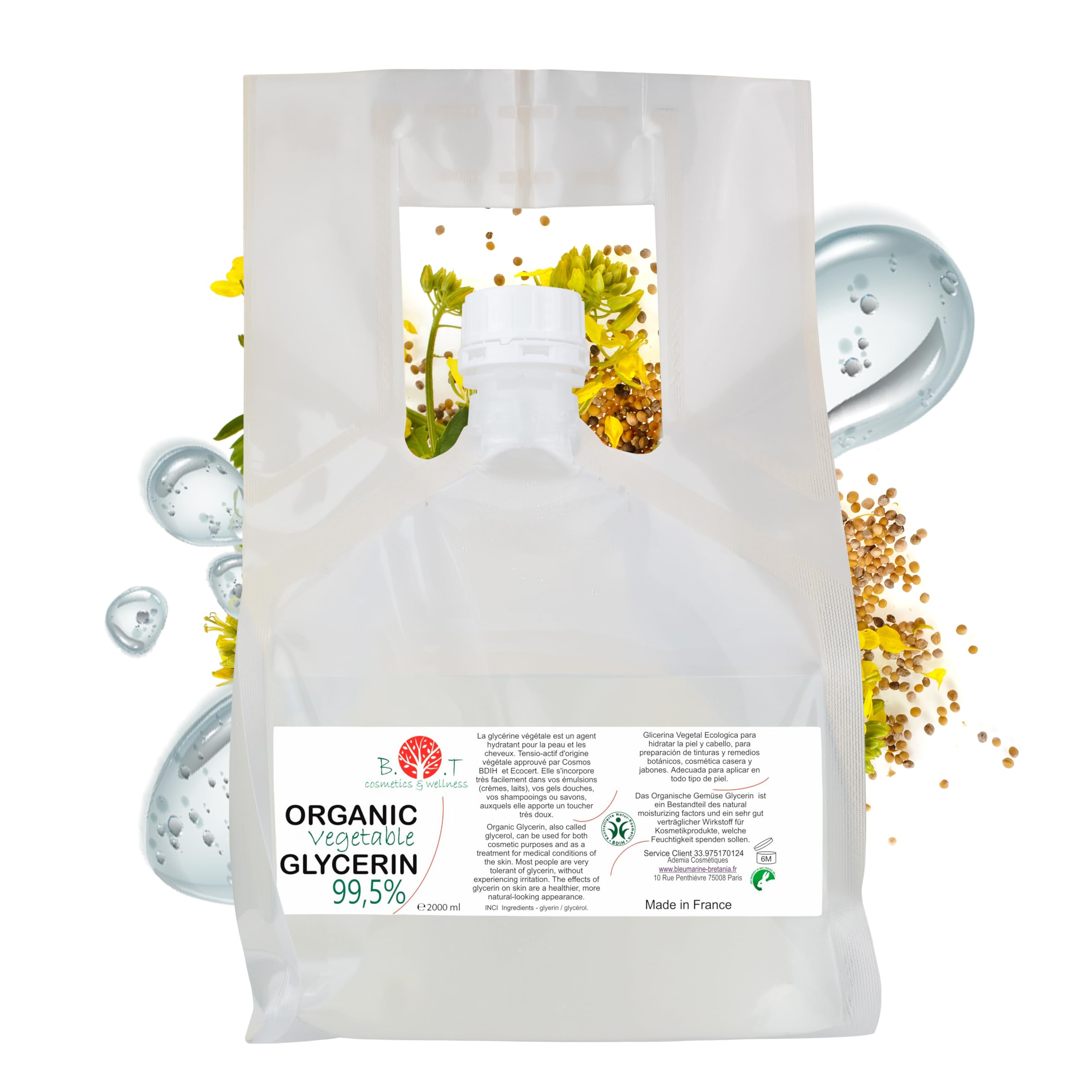 Vegetable Glycerine Certified Organic BIO Glycerol Coconut Derived 100% Natural Moisturiser Skin Hair 2 kg / 4.4 lb Premium EP/BP/USP Pharmaceutical Grade Vegan No GMO