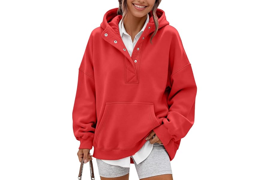 Trendy Queen Women's Oversized Fleece Hoodies Henley Sweatshirt | Cozy Pullover with Kangaroo Pockets, Casual, Comfort Soft Sweaters, Fall Fashion Outfits 2026, Winter Clothes
