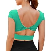 DaiLiWei Open Back Workout Tops for Women Short Sleeve Longline Sports Bras Support Crop Tank Yoga Shirts with Built in Bra