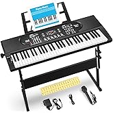 61 Key Keyboard Piano with Stand, Portable Electric Piano Keyboard Kit for Beginners with Stand, Microphone,Note Stickers, Music Rest, Digital Music Keyboard Built-In Speakers
