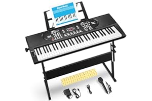 HERTMUN 61 Key Keyboard Piano with Stand, Portable Electric Piano Keyboard Kit for Beginners with Stand, Microphone,Note Stickers, Music Rest, Digital Music Keyboard Built-In Speakers
