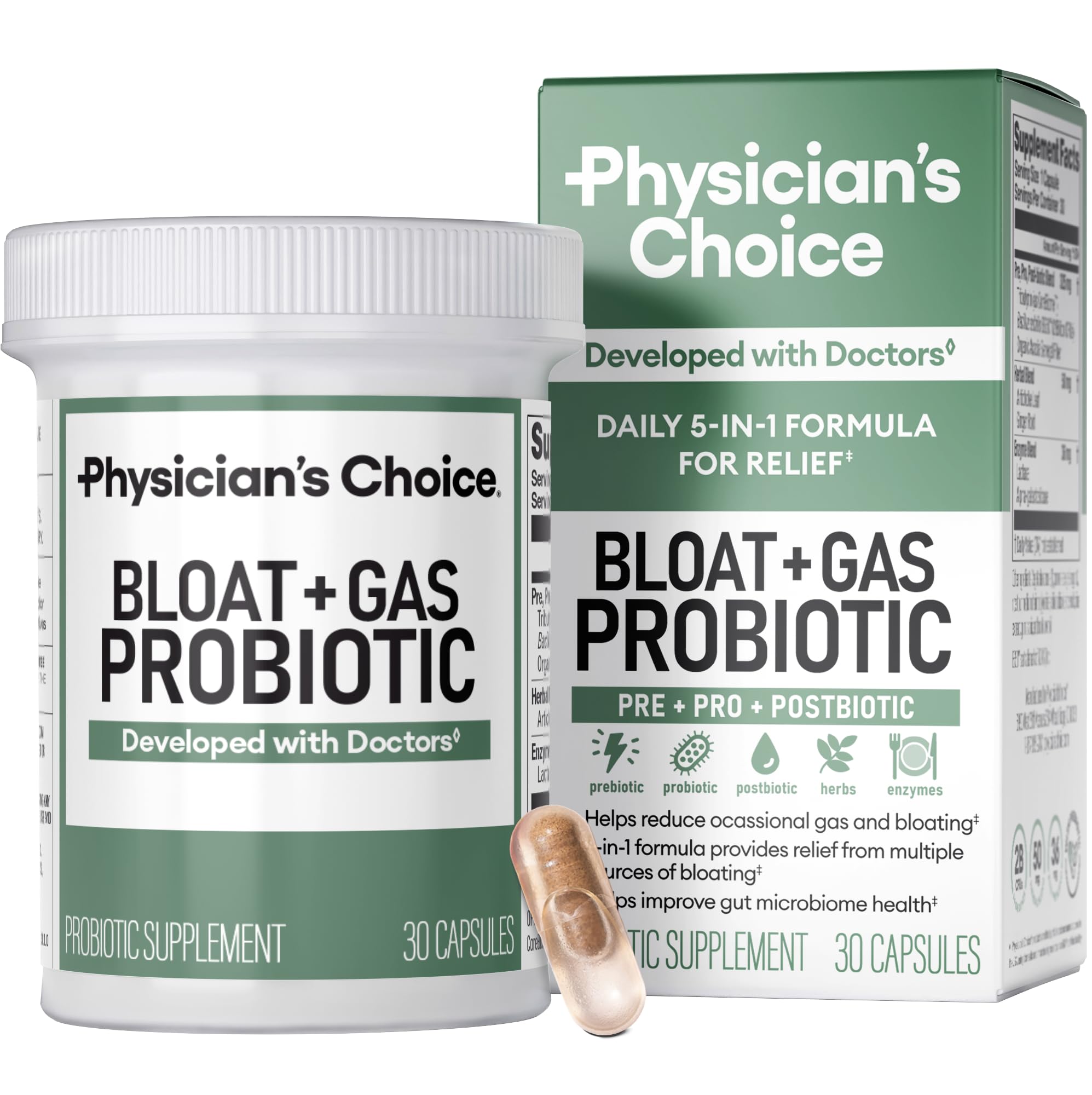 Physician's CHOICE Bloat & Gas Probiotic 5-in-1 Proactive Support + Daily Relief - Digestion & Gut Health- Herbals, Digestive Enzymes, Post & Prebiotics - Gas Relief for Adults - Women & Men - 30ct