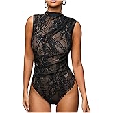 SHENHE Women's Sheer Lace Mock Neck Ruched Sleeveless Sexy Going Out Tank Top Bodysuit