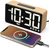 GOLOZA Alarm Clocks for Bedrooms, Wood Grain, Digital Clock with Large Display, Desk Clock for Bedside, Power-Off Memory & Al