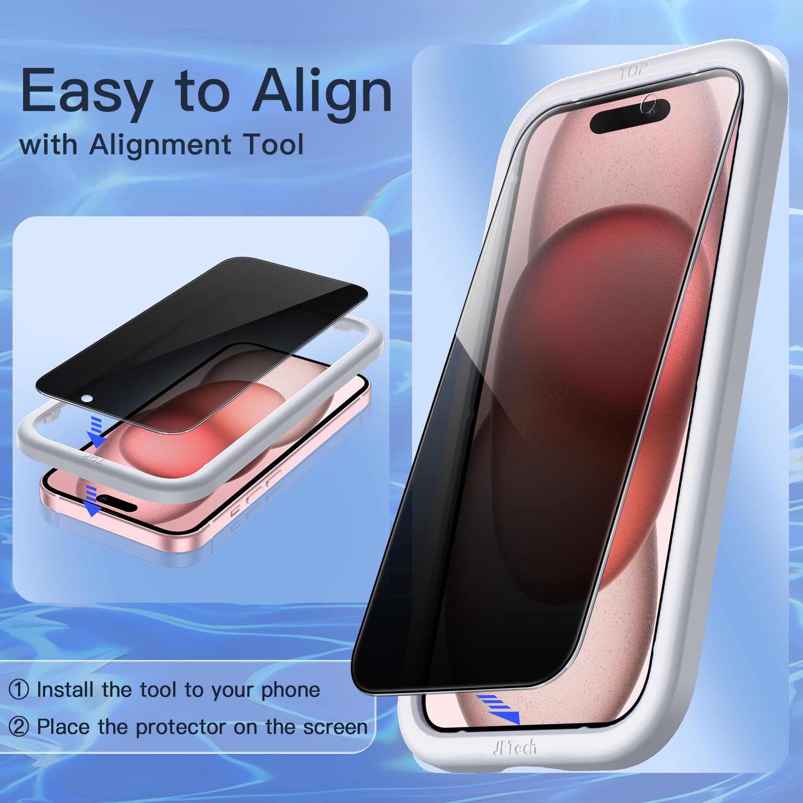 JETech Privacy Screen Protector for iPhone 15 6.1-Inch, Anti-Spy Tempered Glass Film with Easy Installation Tool, 2-Pack