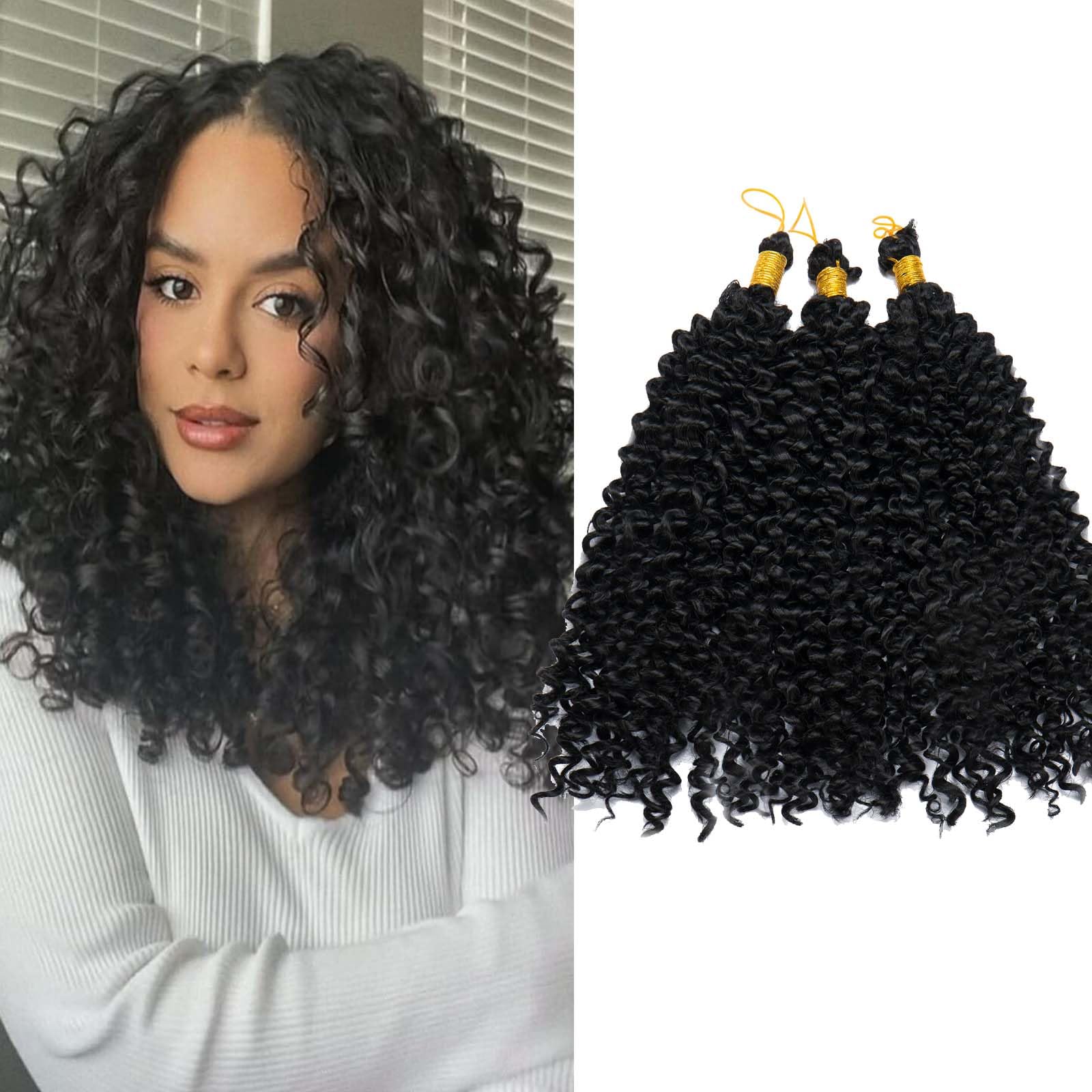 3 Bundles Marlybob Crochet Braids Hair Extensions Two-Tone Ombre Deep Wave Afro Kinky Jerry Curl Braiding Hairpiece Dreadlocks Weave for Women 14" - Dark Black